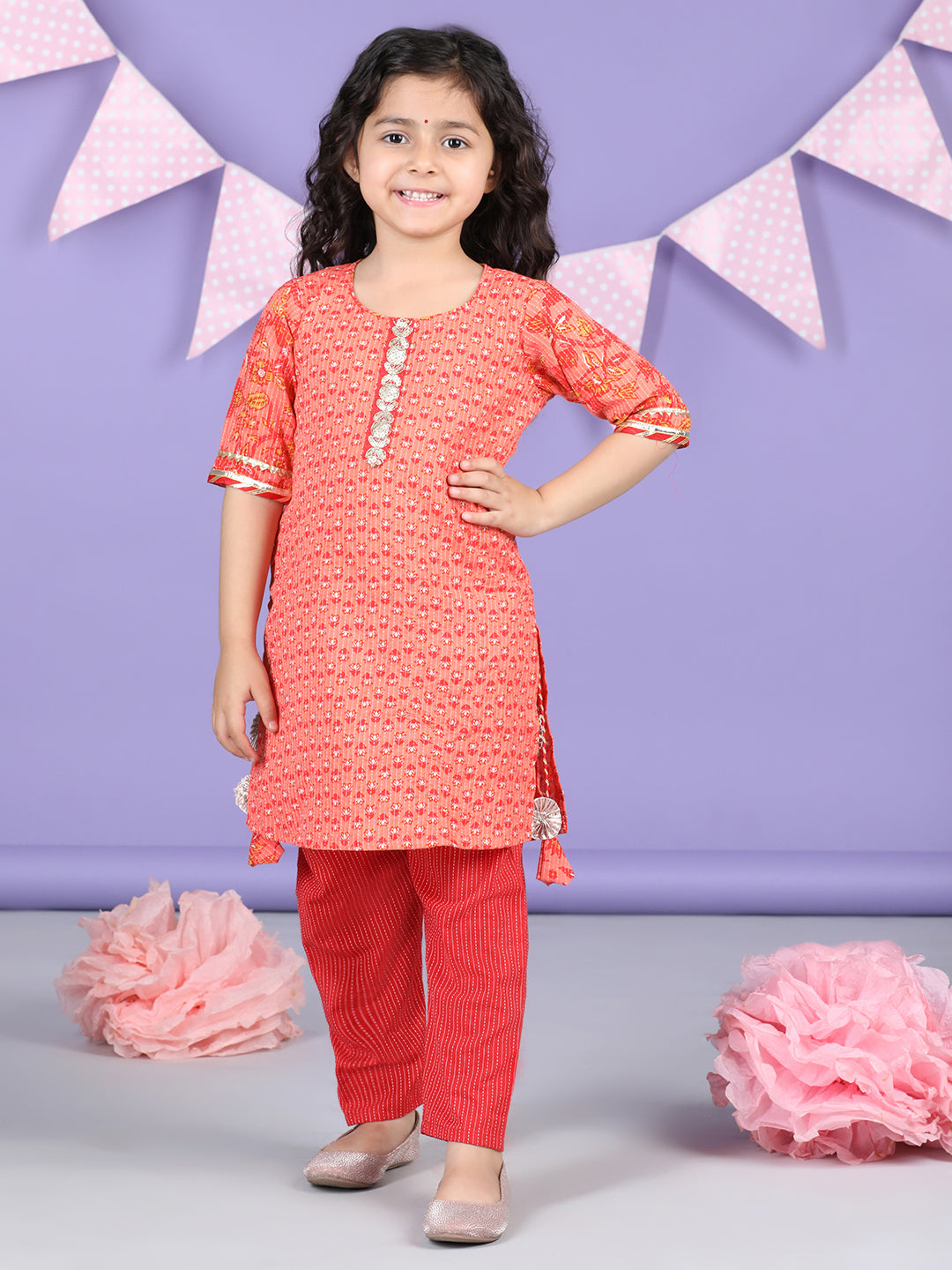 Peach & Red Cotton katha printed Kurti set