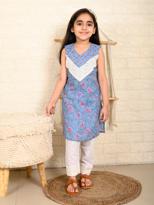 Blue & Pink Sleeveless Kurti Set