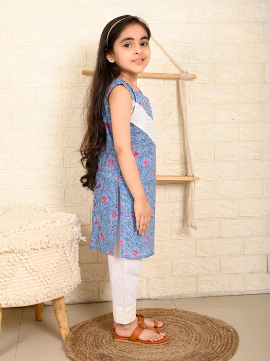 Blue & Pink Sleeveless Kurti Set