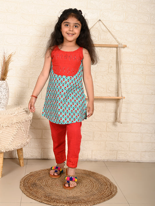 Blue & Red Kurti Set