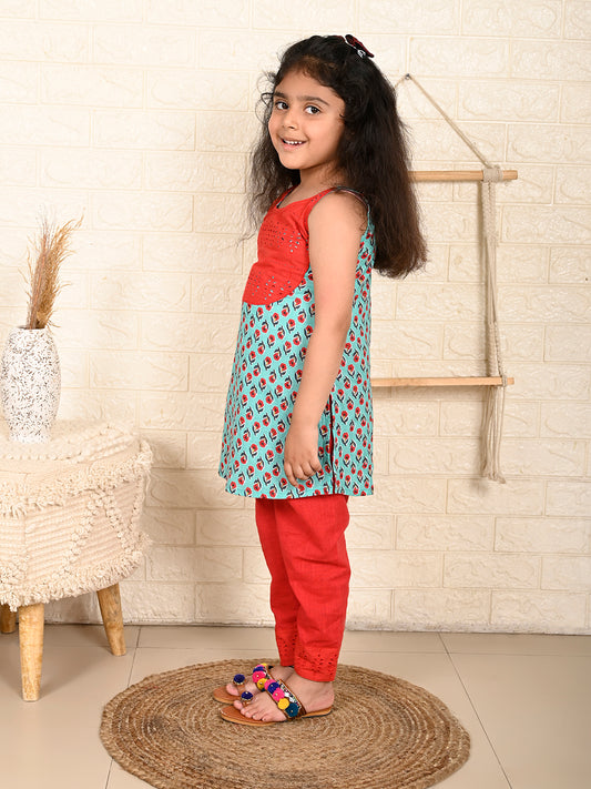 Blue & Red Kurti Set