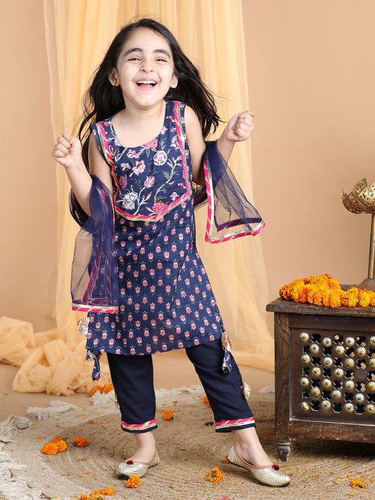 Blue Floral Cotton Kurti Set