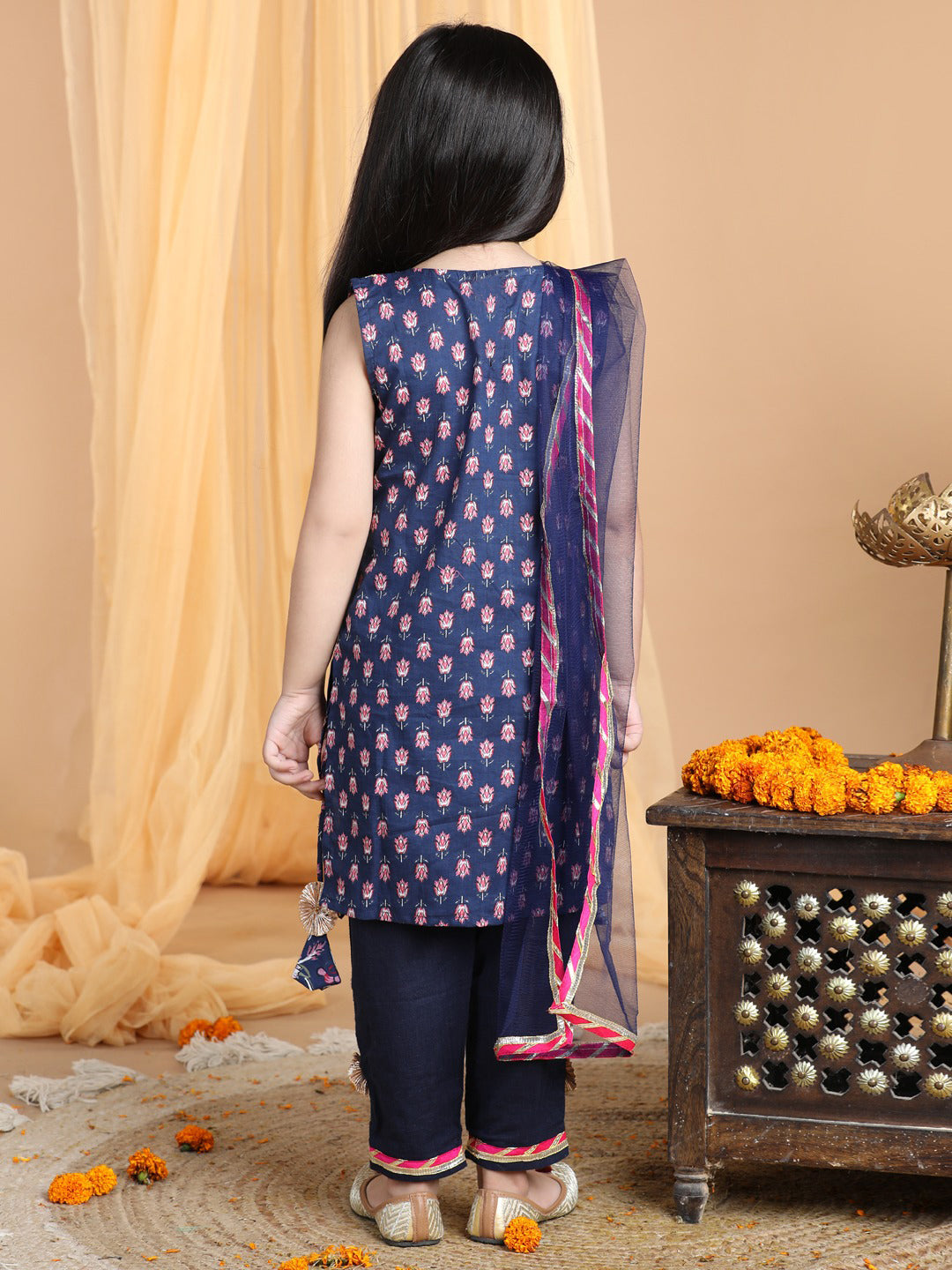 Blue Floral Cotton Kurti Set