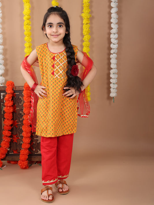 Yellow sleeveless cotton kurti with Red Plazo pant and dupatta