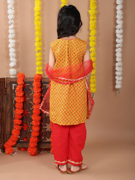 Yellow sleeveless cotton kurti with Red Plazo pant and dupatta