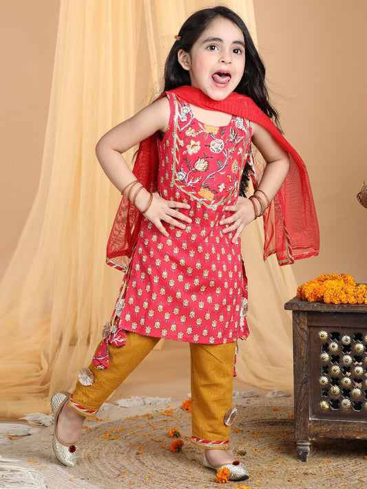 Red & Yellow Cotton Kurti Set