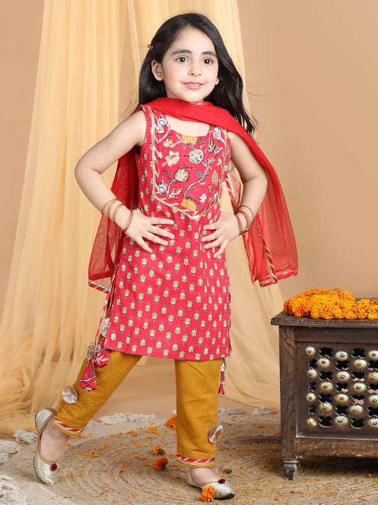 Red & Yellow Cotton Kurti Set