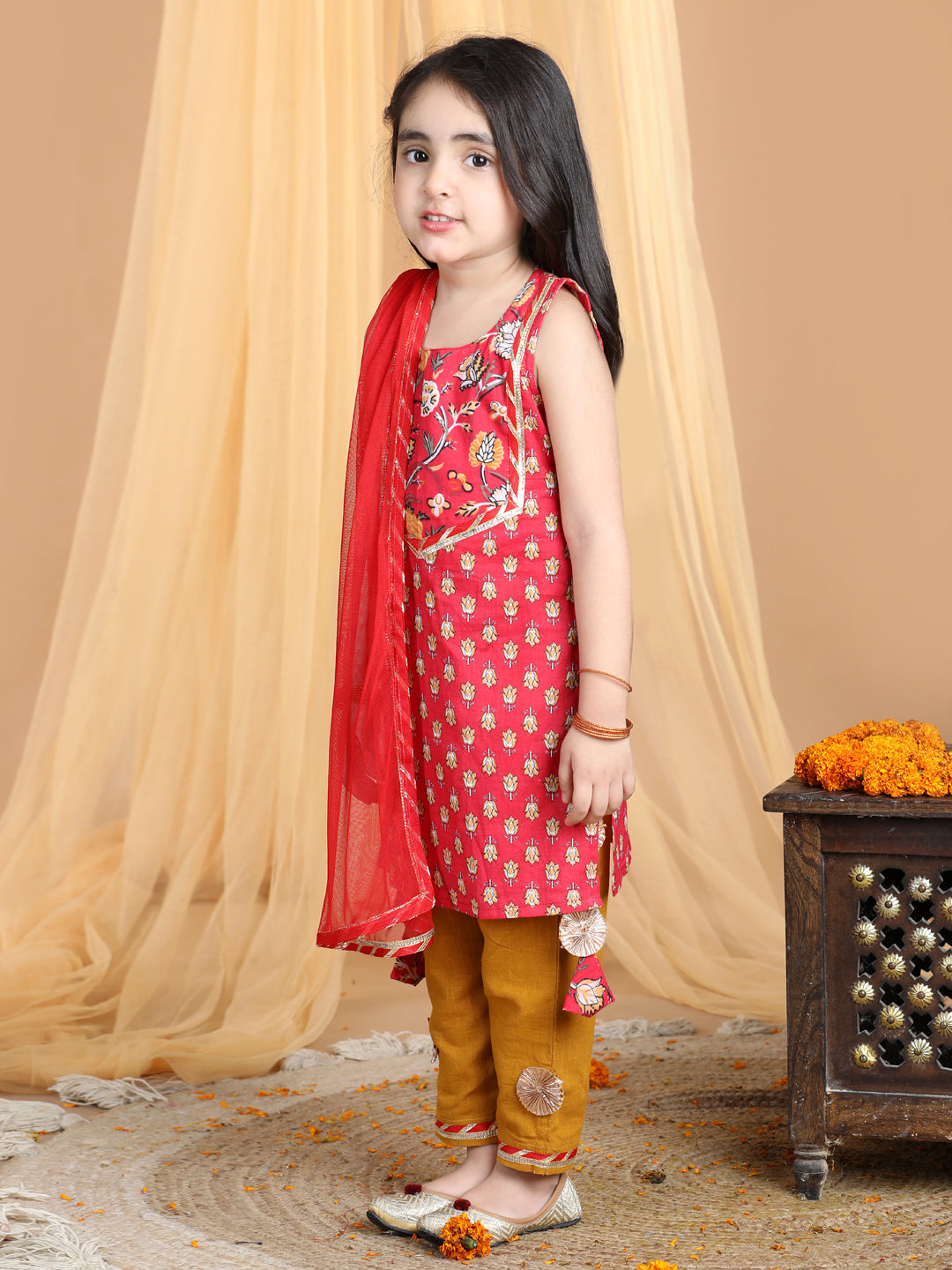 Red & Yellow Cotton Kurti Set