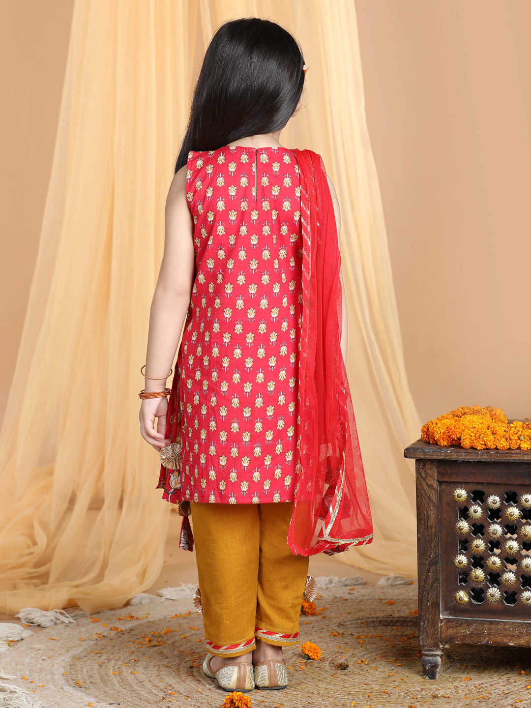 Red & Yellow Cotton Kurti Set