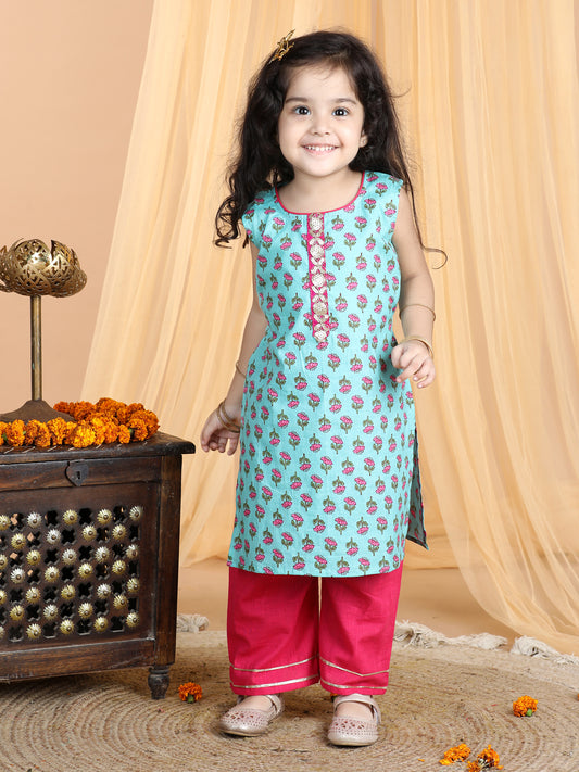 Blue & Pink Cotton Kurti Set