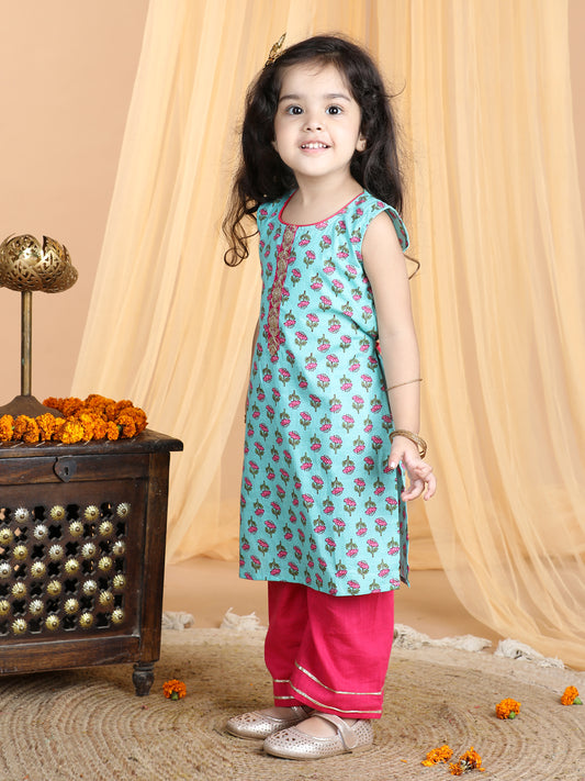 Blue & Pink Cotton Kurti Set