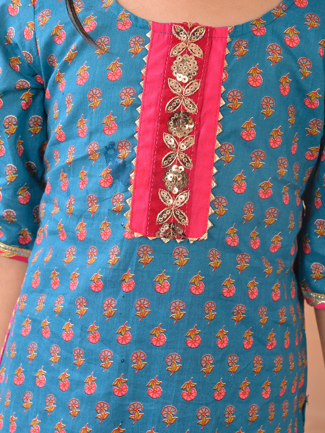 Blue kurti with Lace paired with Pink Plazo pant