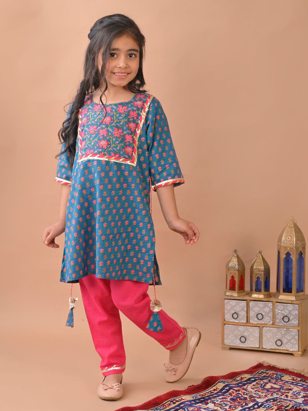 Blue kurti paired with Pink Plazo pant