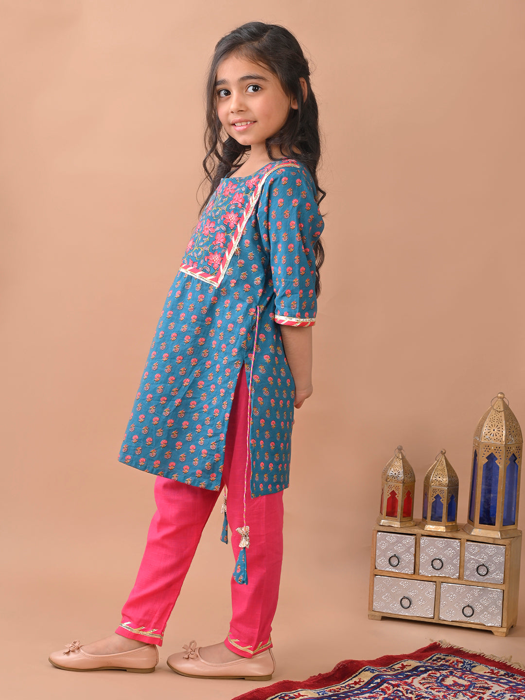 Blue kurti paired with Pink Plazo pant