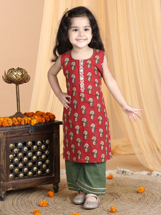 Red & Green Cotton Kurti Set