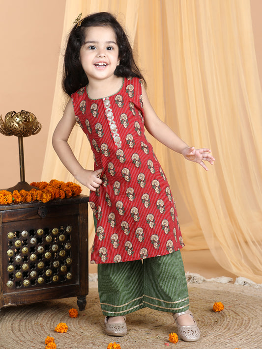 Red & Green Cotton Kurti Set