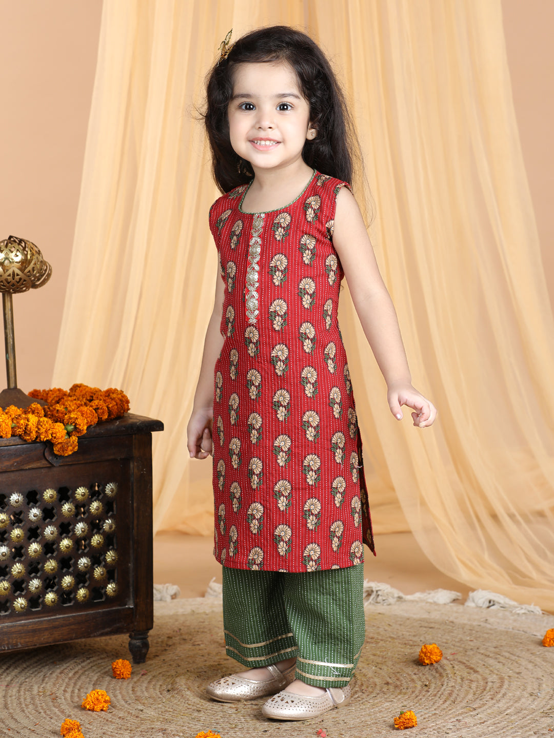 Red & Green Cotton Kurti Set