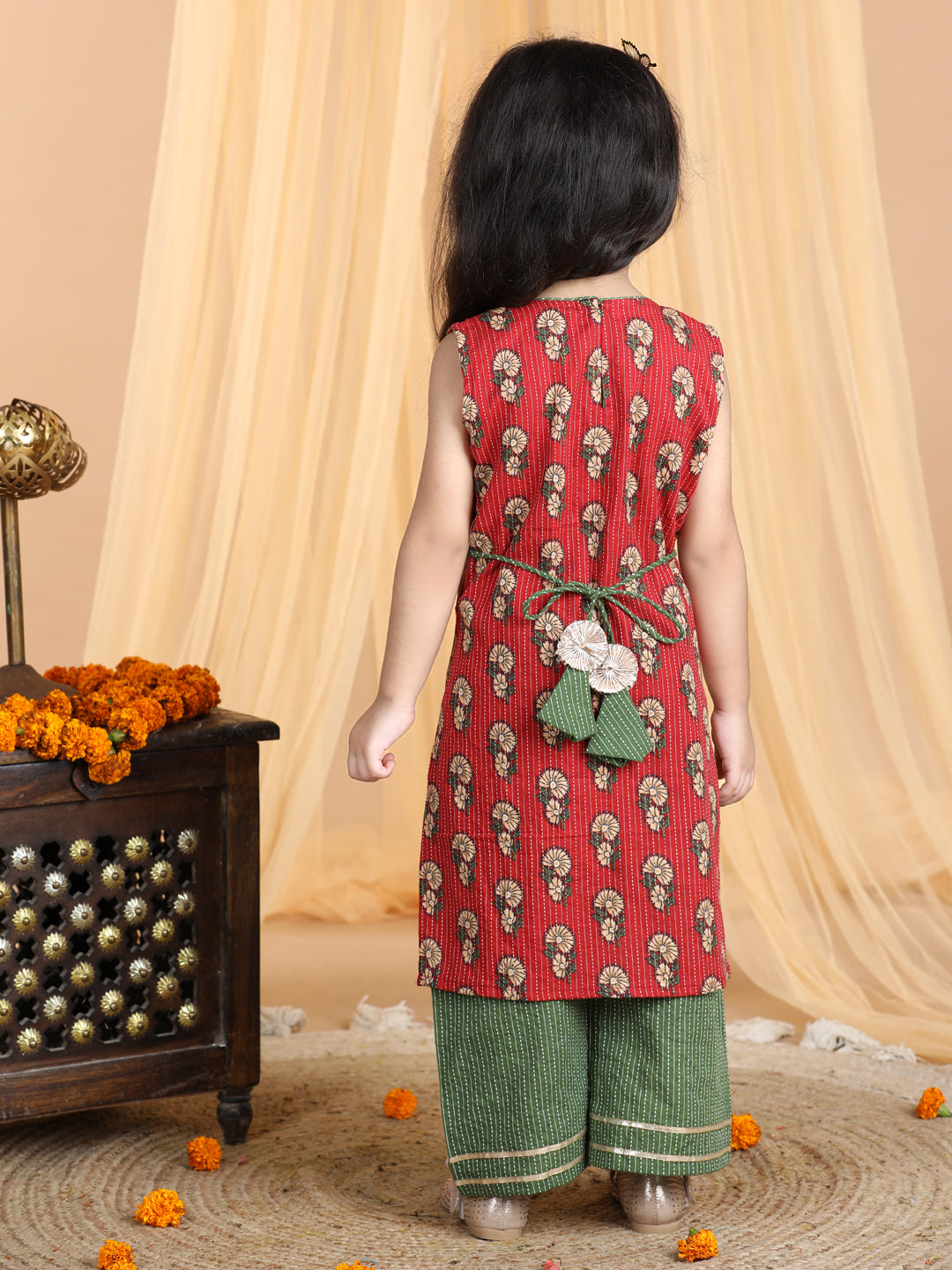 Red & Green Cotton Kurti Set