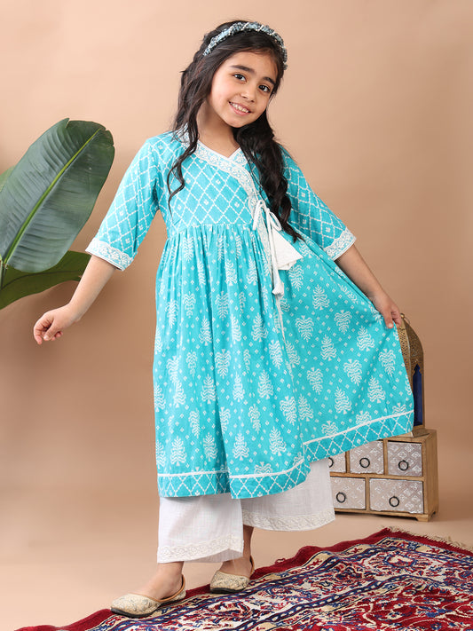 Blue Angrakha Kurti paired with white Plazo pant