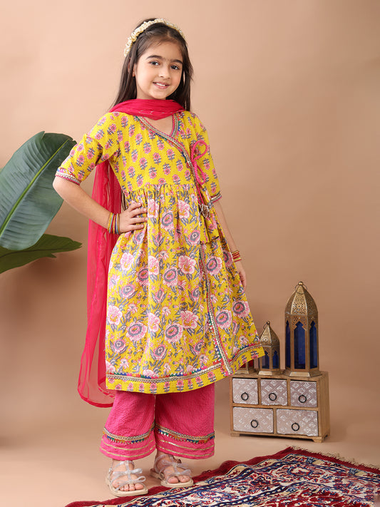 Yellow 3/4 sleeves printed cotton Angrakha Kurti paired with Pink Plazo pant and dupatta