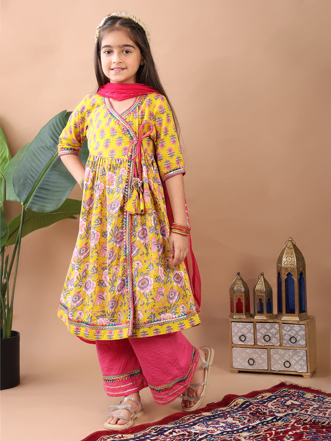 Yellow 3/4 sleeves printed cotton Angrakha Kurti paired with Pink Plazo pant and dupatta