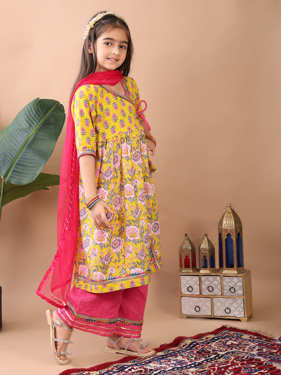 Yellow 3/4 sleeves printed cotton Angrakha Kurti paired with Pink Plazo pant and dupatta