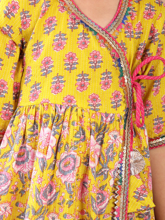 Yellow 3/4 sleeves printed cotton Angrakha Kurti paired with Pink Plazo pant and dupatta