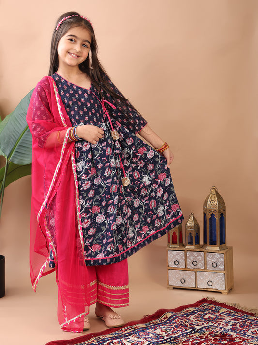 Blue 3/4 sleeves printed cotton Angrakha Kurti paired with Pink Plazo pant and dupatta