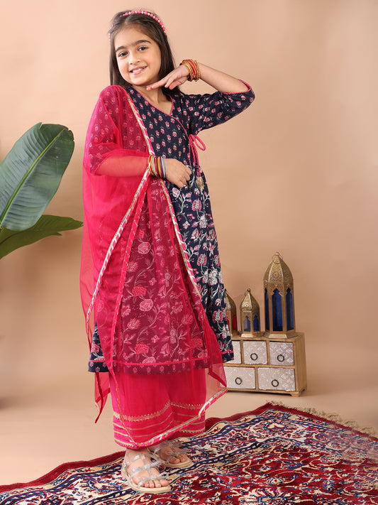 Blue 3/4 sleeves printed cotton Angrakha Kurti paired with Pink Plazo pant and dupatta