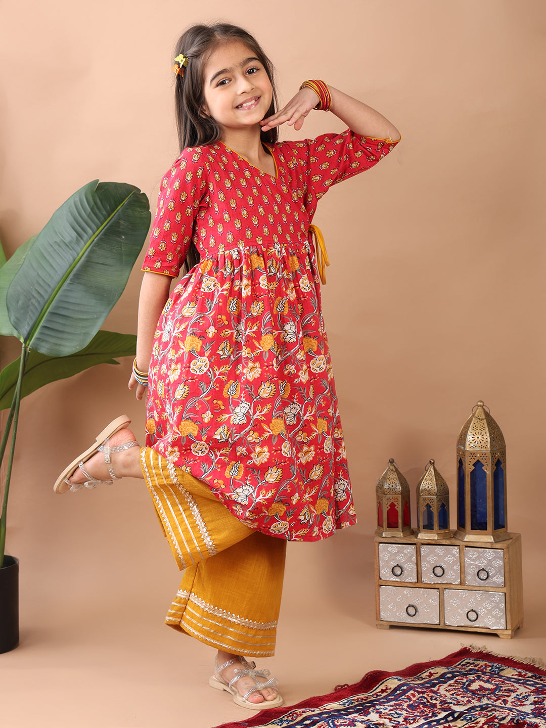 Red 3/4 sleeves printed cotton Angrakha Kurti paired with Yellow Plazo pant
