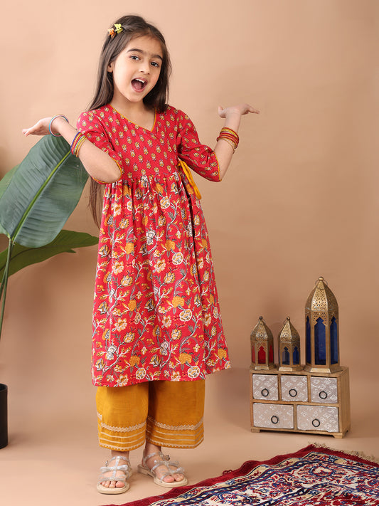 Red 3/4 sleeves printed cotton Angrakha Kurti paired with Yellow Plazo pant
