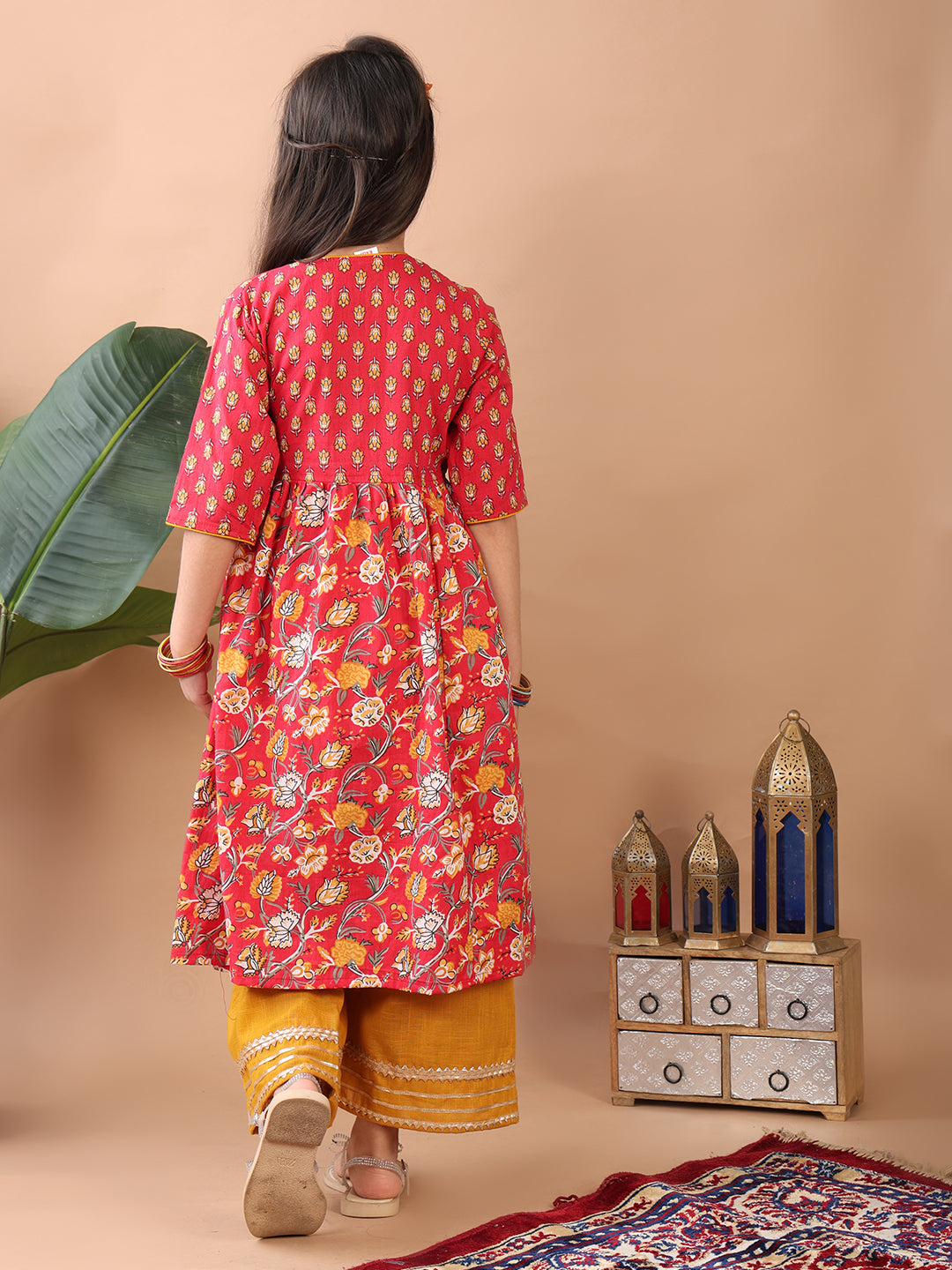Red 3/4 sleeves printed cotton Angrakha Kurti paired with Yellow Plazo pant