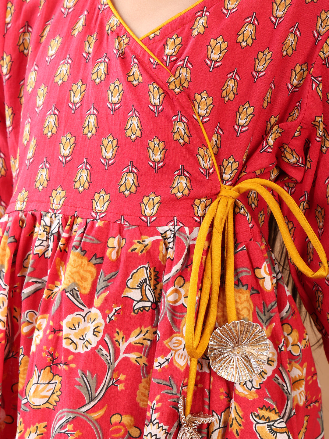 Red 3/4 sleeves printed cotton Angrakha Kurti paired with Yellow Plazo pant