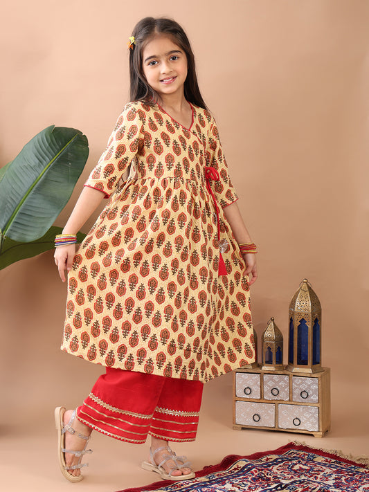 Red 3/4 sleeves printed cotton Angrakha Kurti paired with Red Plazo pant
