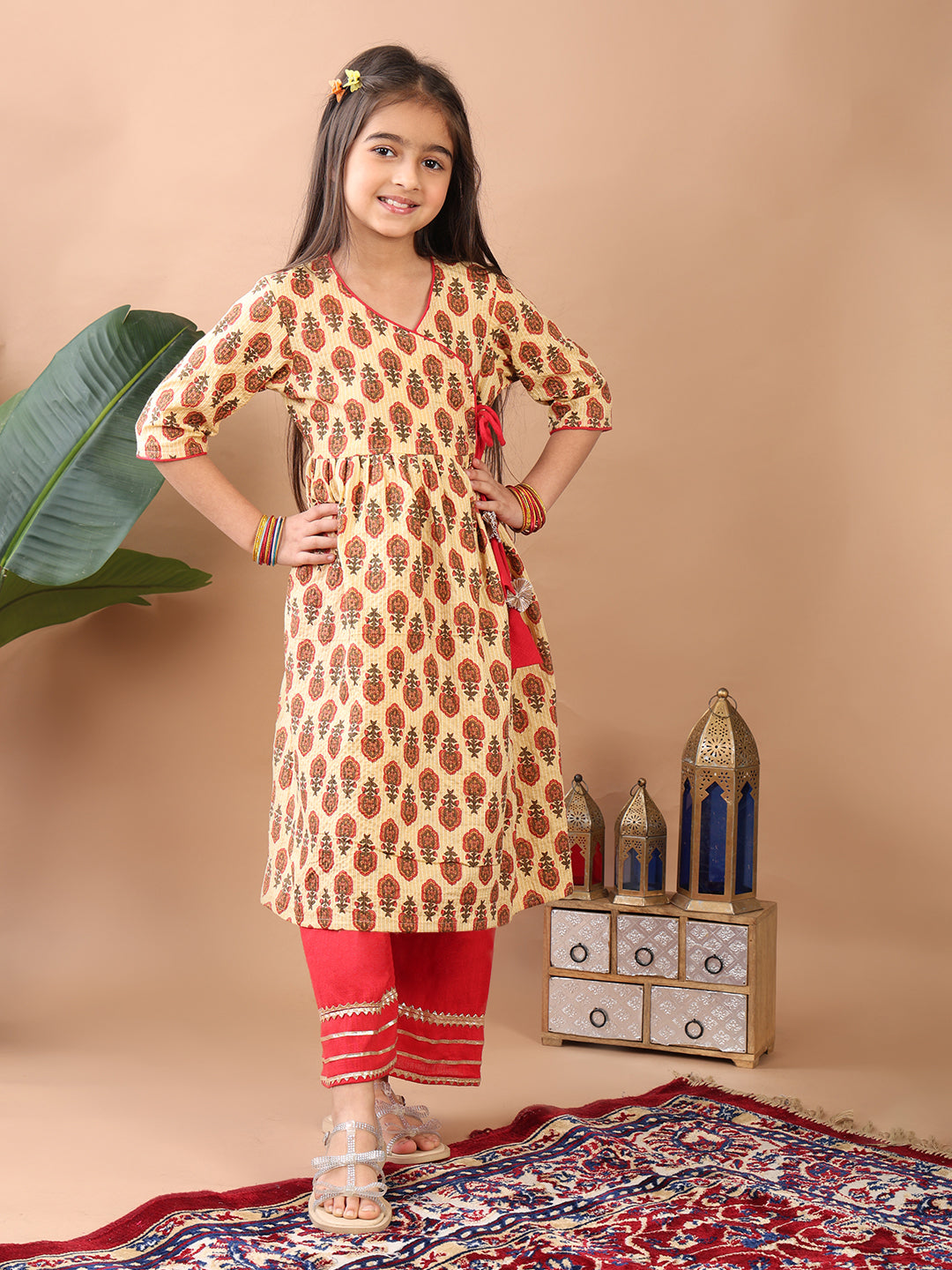 Red 3/4 sleeves printed cotton Angrakha Kurti paired with Red Plazo pant