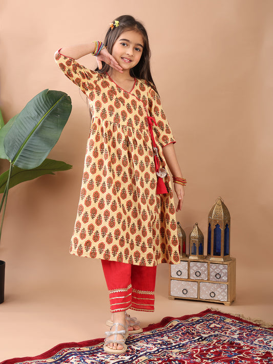 Red 3/4 sleeves printed cotton Angrakha Kurti paired with Red Plazo pant