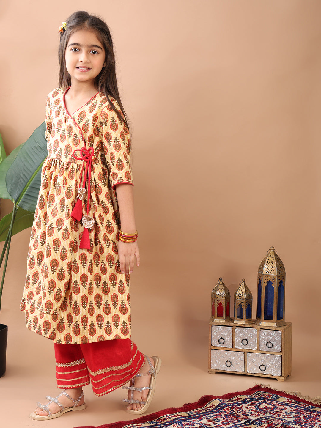 Red 3/4 sleeves printed cotton Angrakha Kurti paired with Red Plazo pant