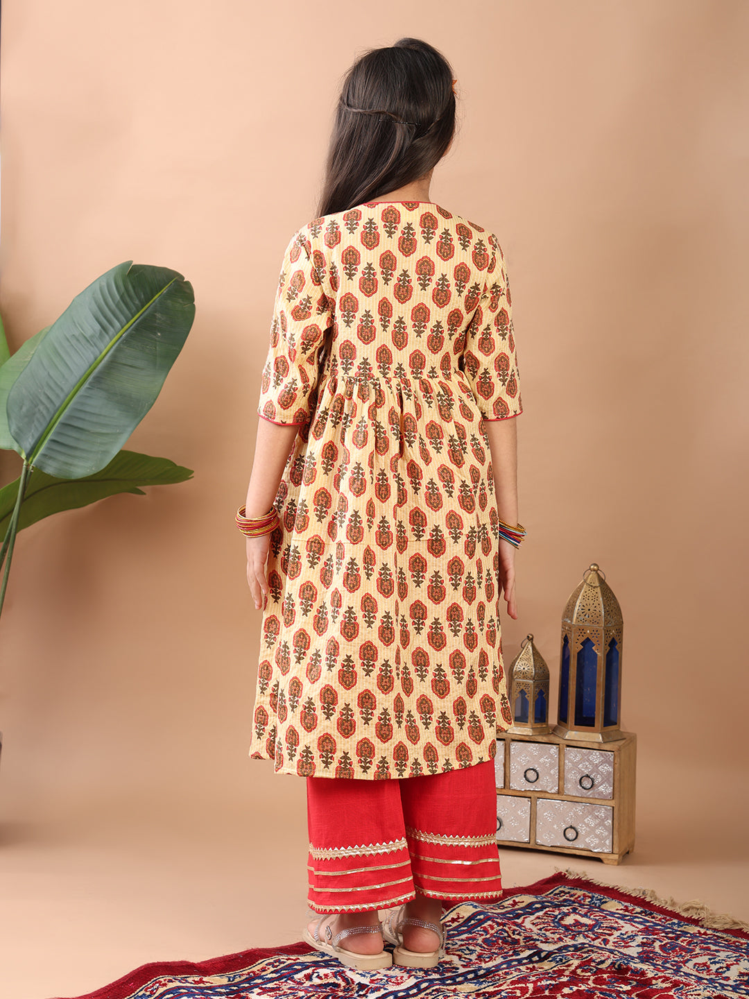 Red 3/4 sleeves printed cotton Angrakha Kurti paired with Red Plazo pant