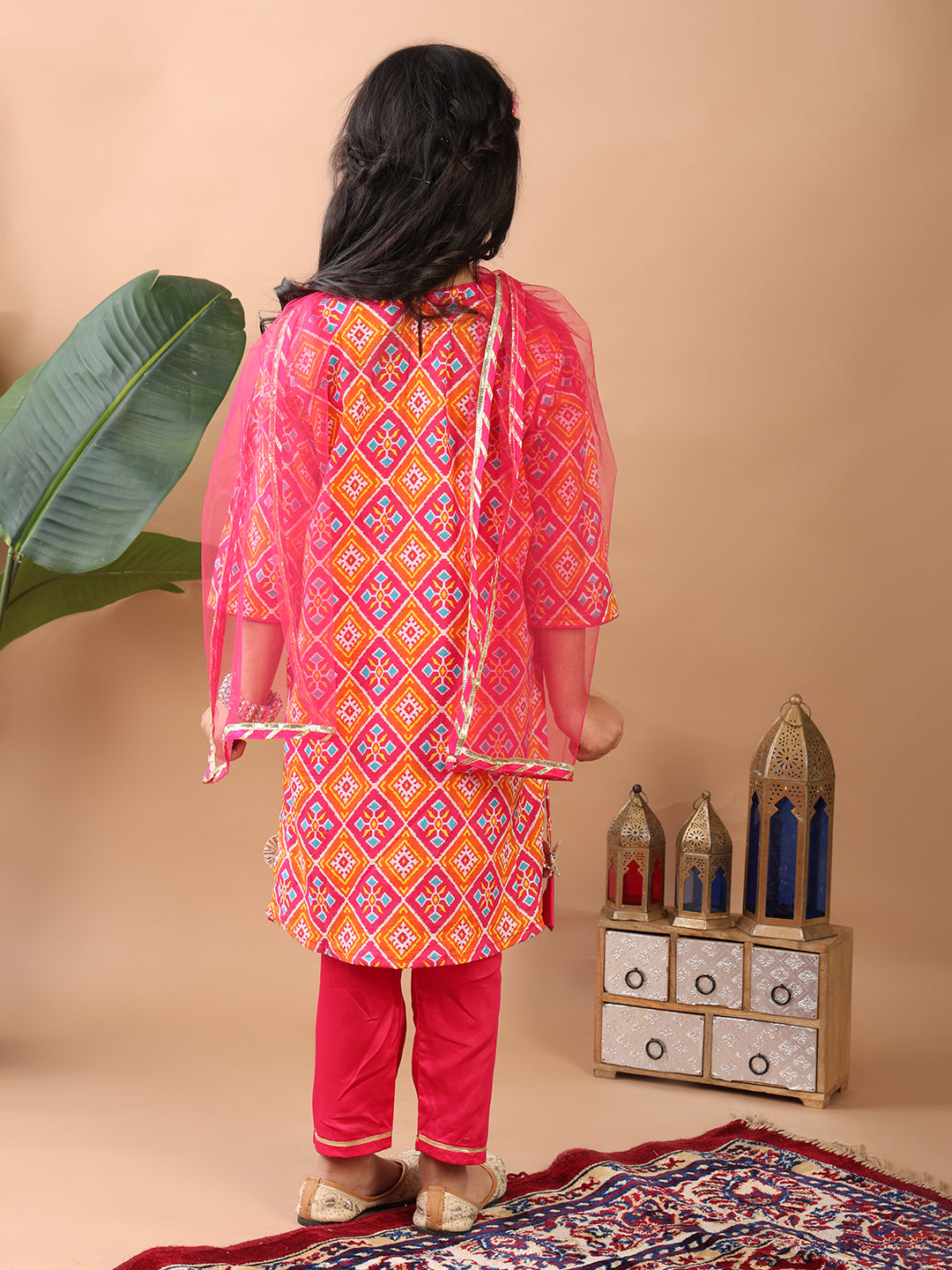 Red Kurti paired with pink Plazo pant and dupatta