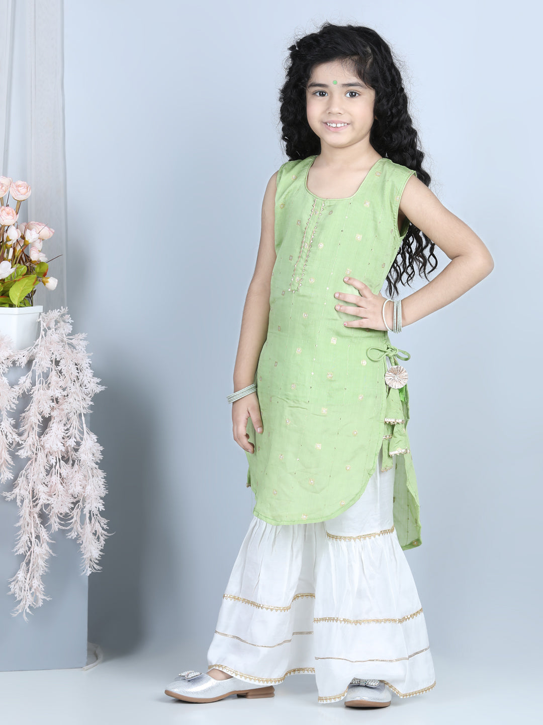 Green Foil Printed Tassel Ornamentation Detail High Low Style Kurti With Sharara