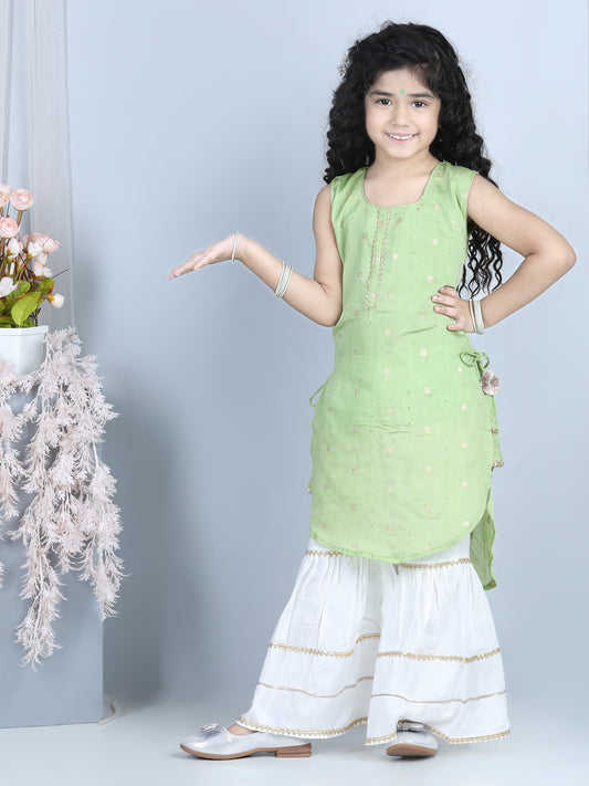 Green Foil Printed Tassel Ornamentation Detail High Low Style Kurti With Sharara