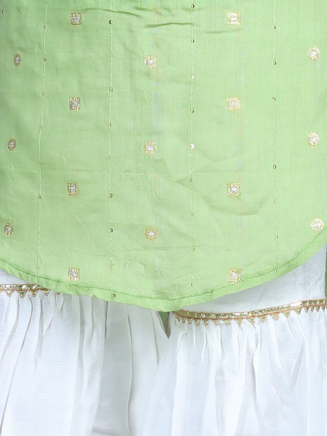 Green Foil Printed Tassel Ornamentation Detail High Low Style Kurti With Sharara