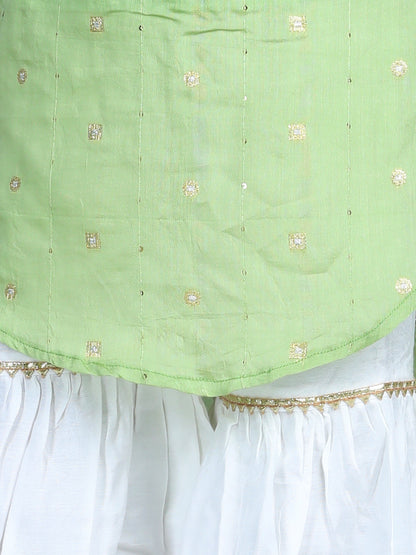 Green Foil Printed Tassel Ornamentation Detail High Low Style Kurti With Sharara