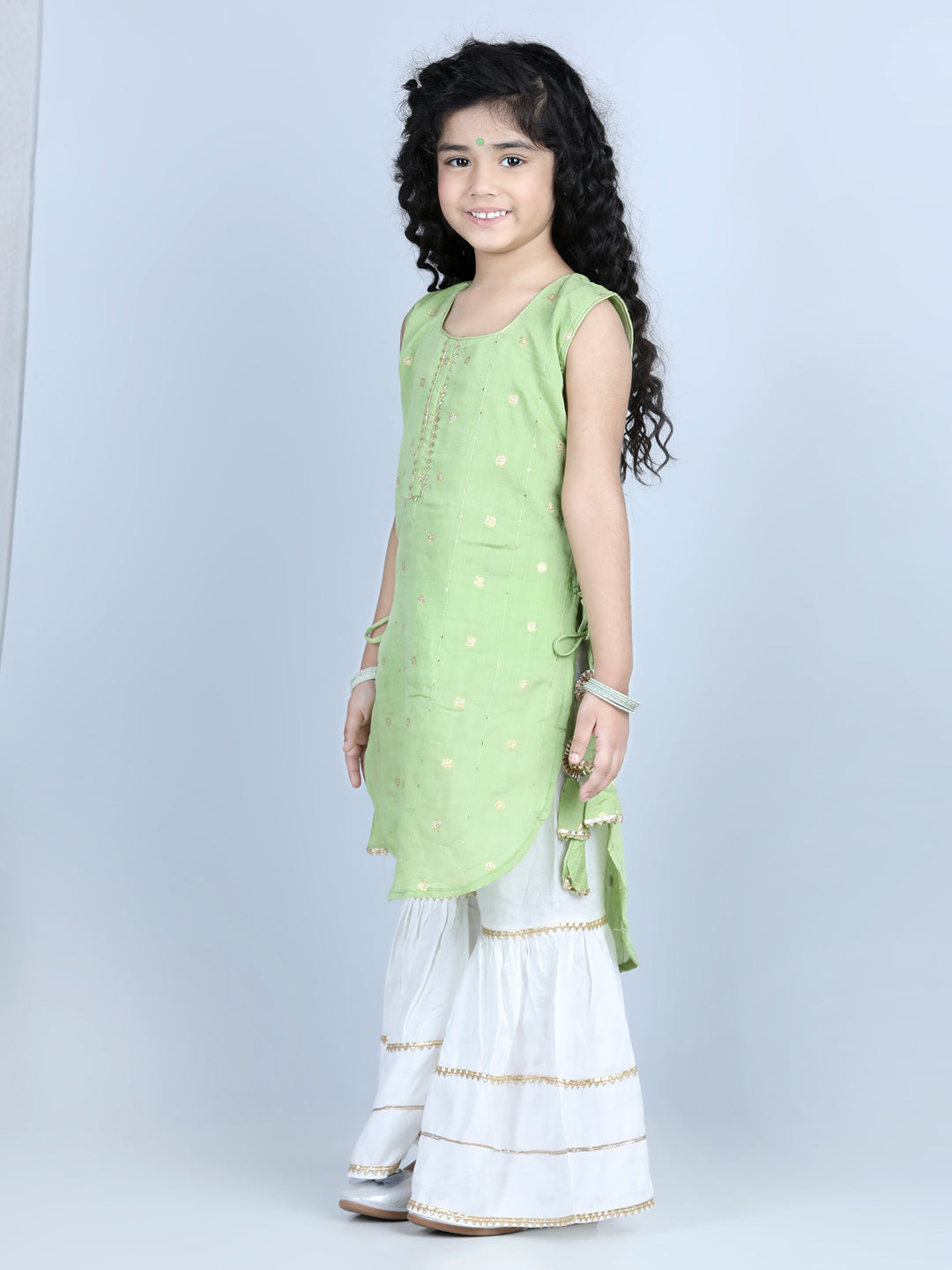 Green Foil Printed Tassel Ornamentation Detail High Low Style Kurti With Sharara