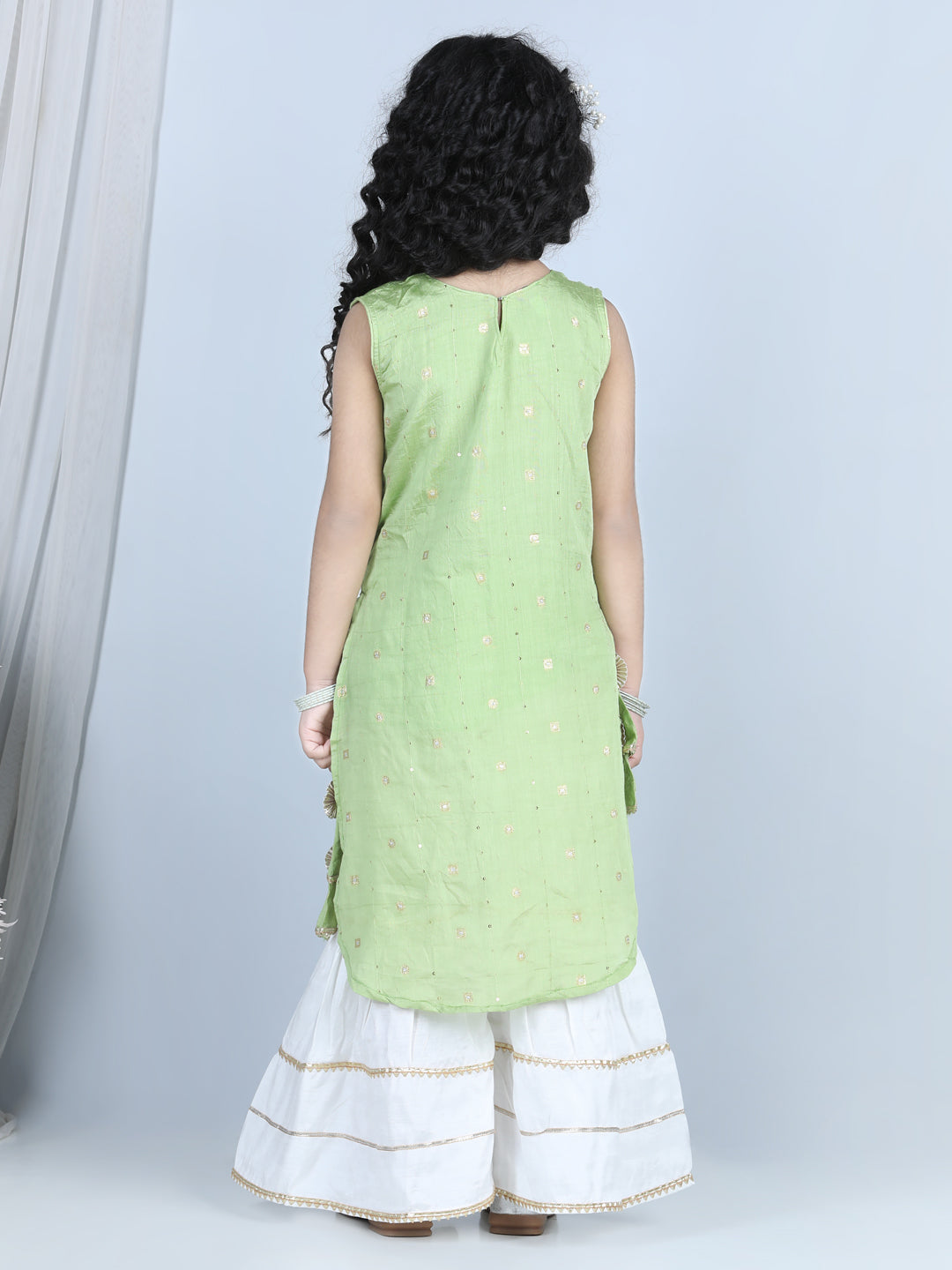 Green Foil Printed Tassel Ornamentation Detail High Low Style Kurti With Sharara
