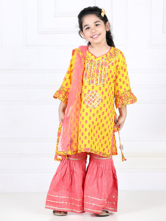 Yellow Floral Printed Lace Work Kurta with Sharara and dupatta