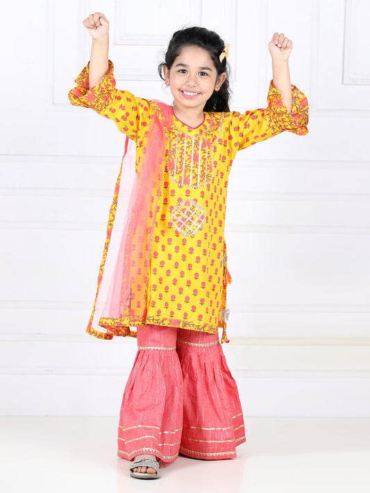 Yellow Floral Printed Lace Work Kurta with Sharara and dupatta