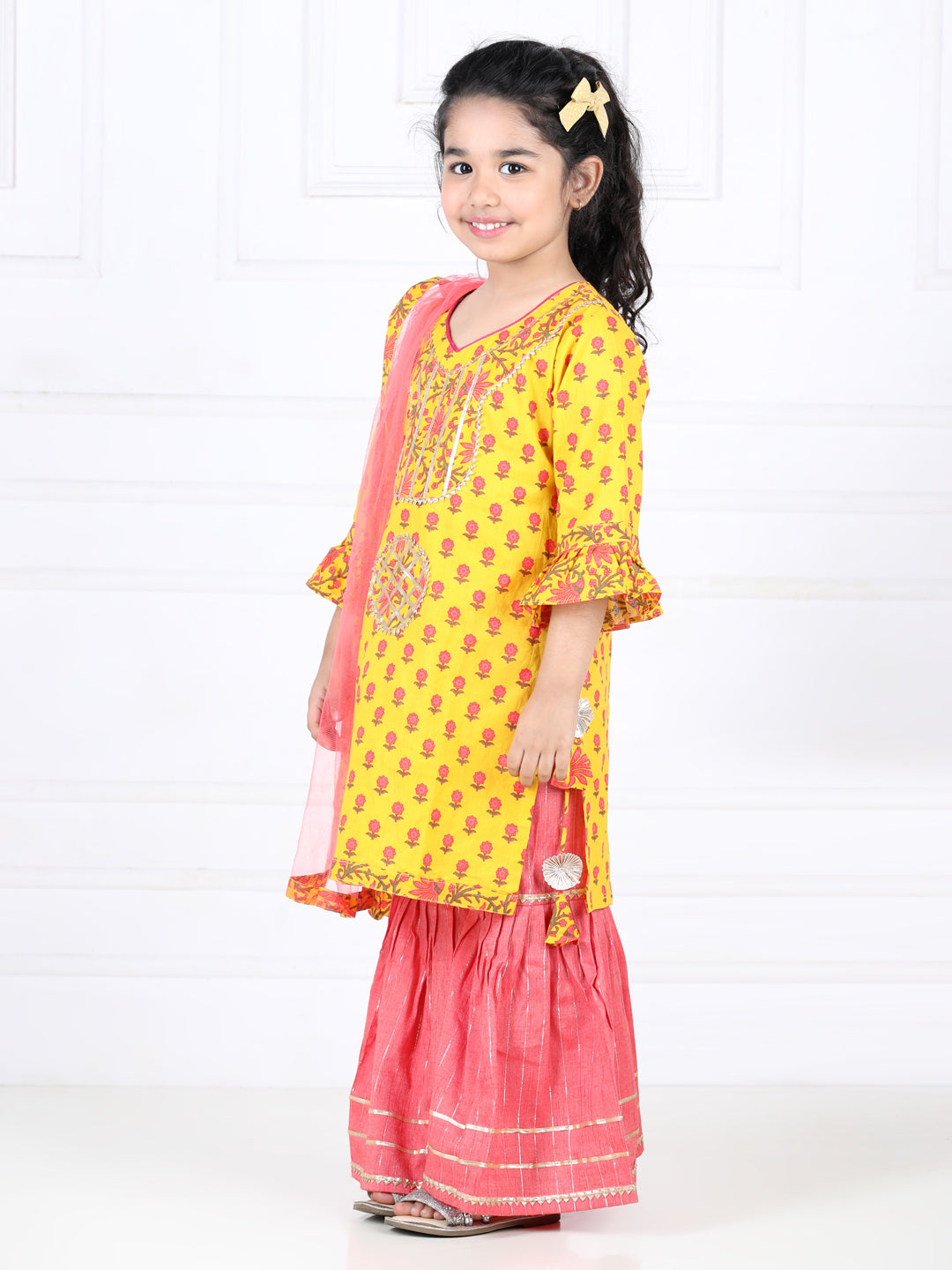 Yellow Floral Printed Lace Work Kurta with Sharara and dupatta