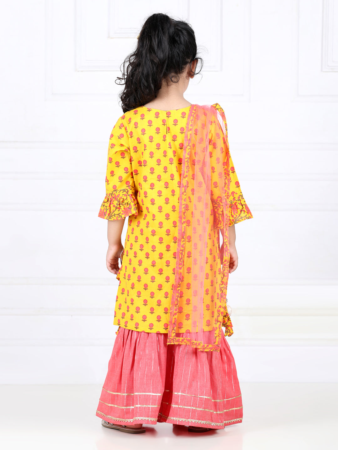 Yellow Floral Printed Lace Work Kurta with Sharara and dupatta