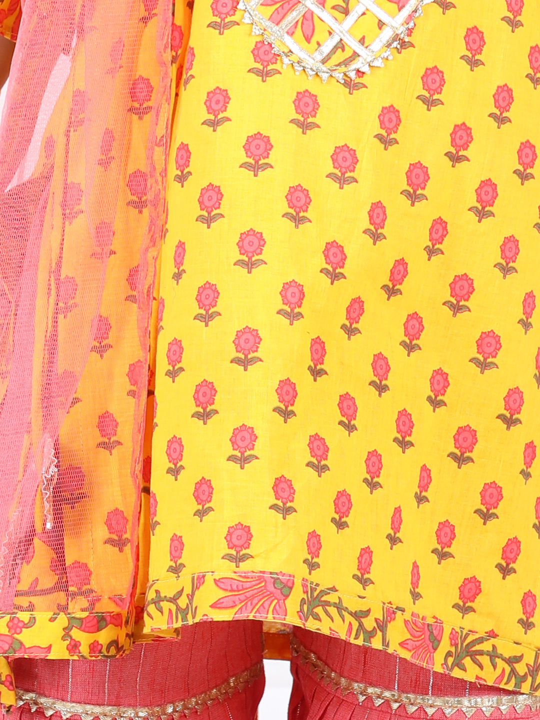 Yellow Floral Printed Lace Work Kurta with Sharara and dupatta